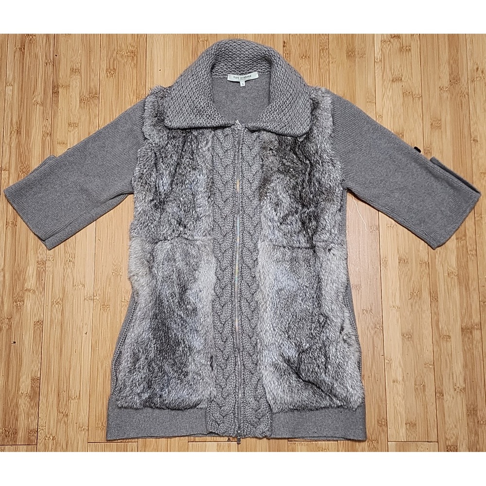 Rani Arabella Women S Gray Loro Piana Cashmere Fur Trim Cable Knit Zip Cardigan